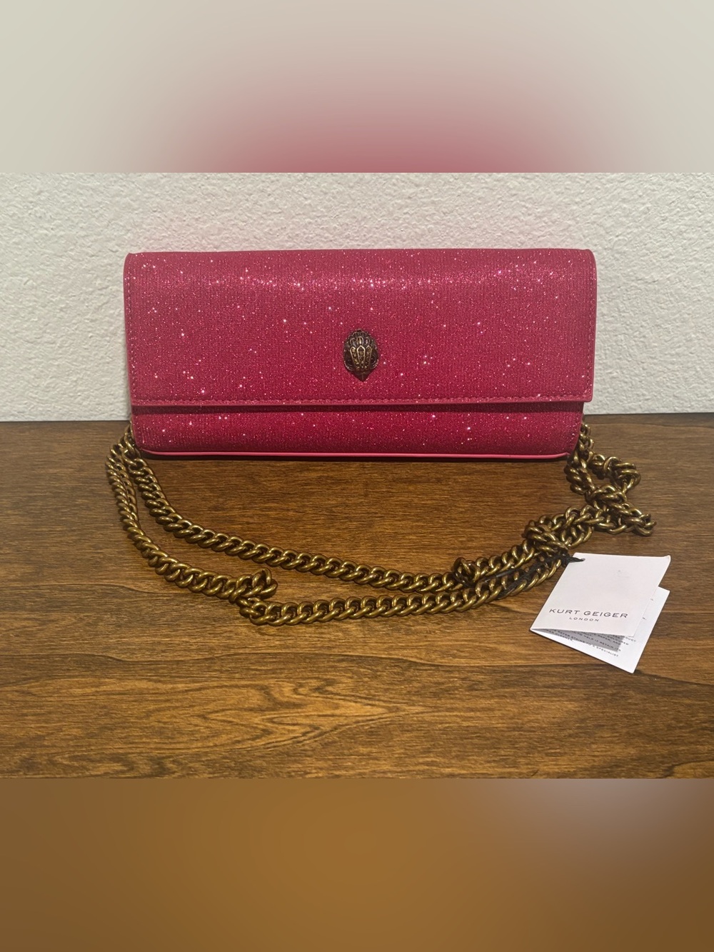 Kurt Geiger Sparkling Hot Pink Crossbody with Gold Chain
